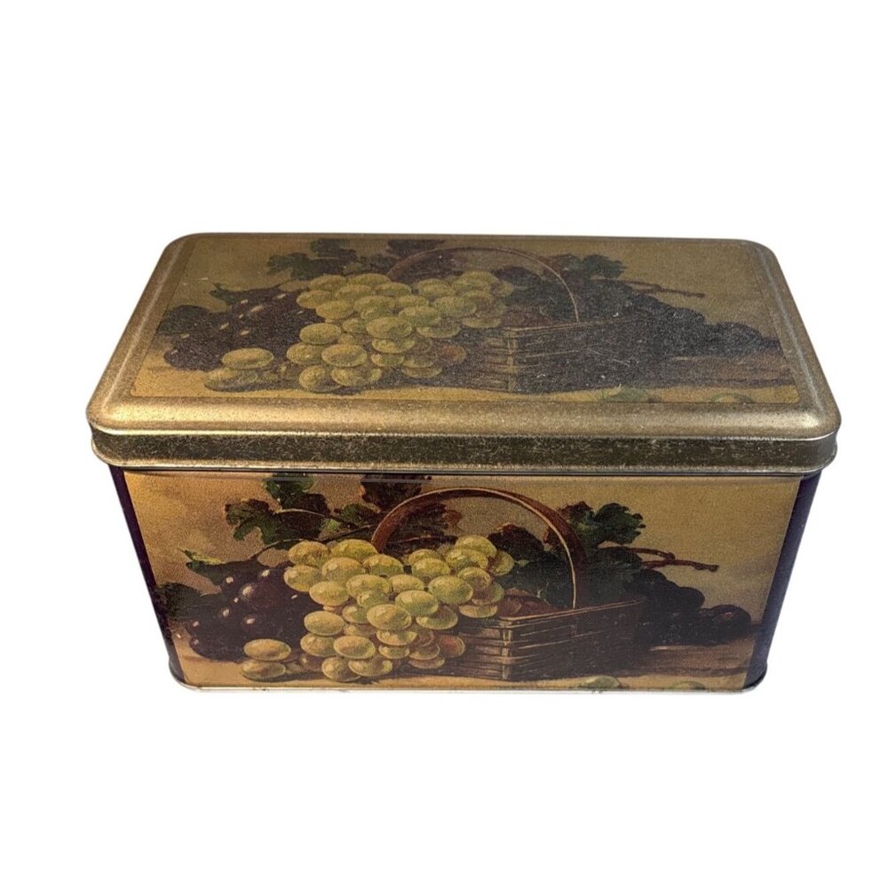 Grape Themed Metal Storage Tin Box With Lid 7.75 x 4 x 4.25"